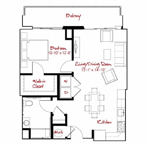 Floor plan for 1 bed, 1 bath, 799 sqft